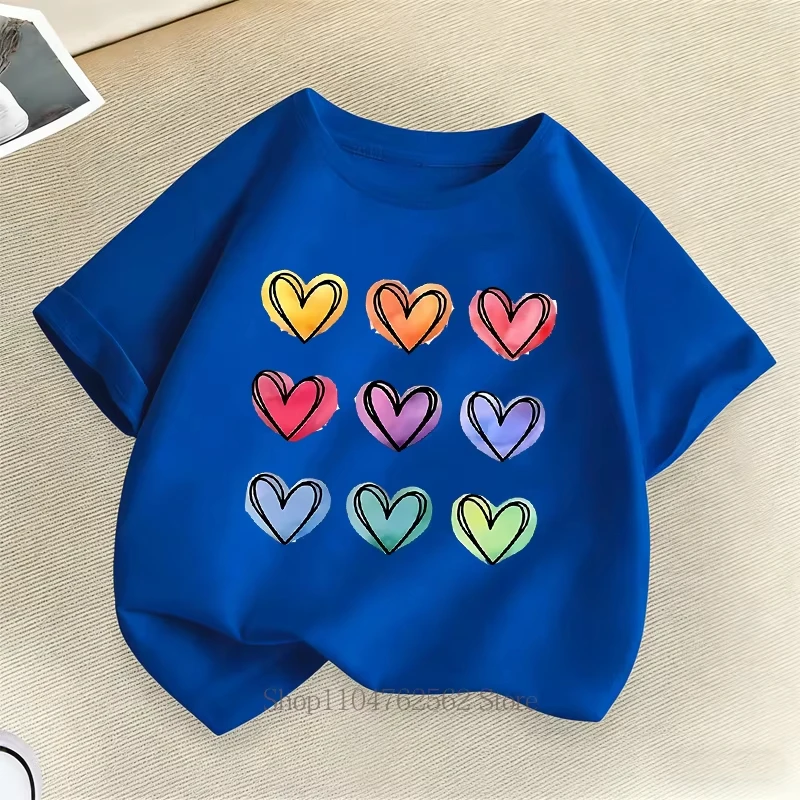 Heart Patterned Printed Children's T-shirt Casual Fashion Cute Children's Colorful Round Neck Parent-child Short Sleeved Shirt