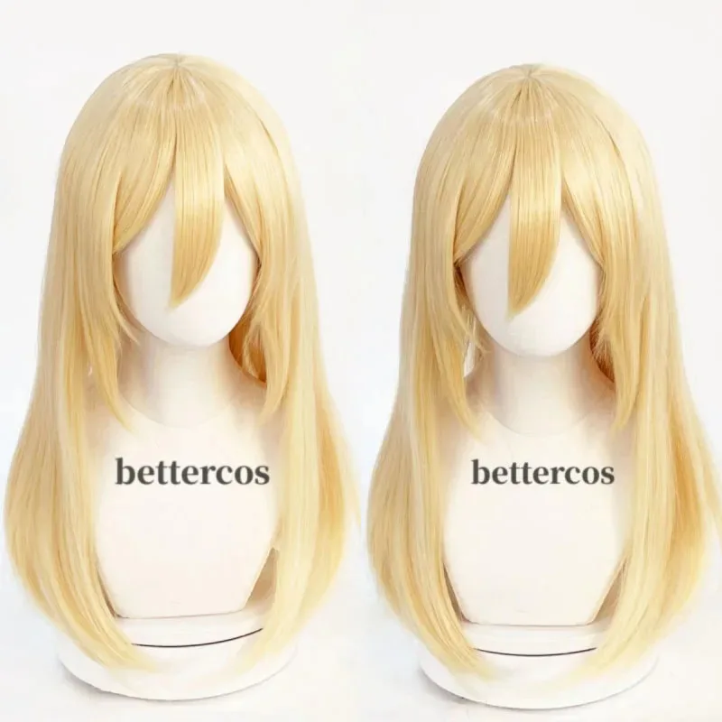 aa69 أنيمي تاريخ ريس تأثيري كريستا لينز الذهب الأصفر مقاومة للحرارة الاصطناعية خصلات الشعر المستعار + غطاء شعر مستعار