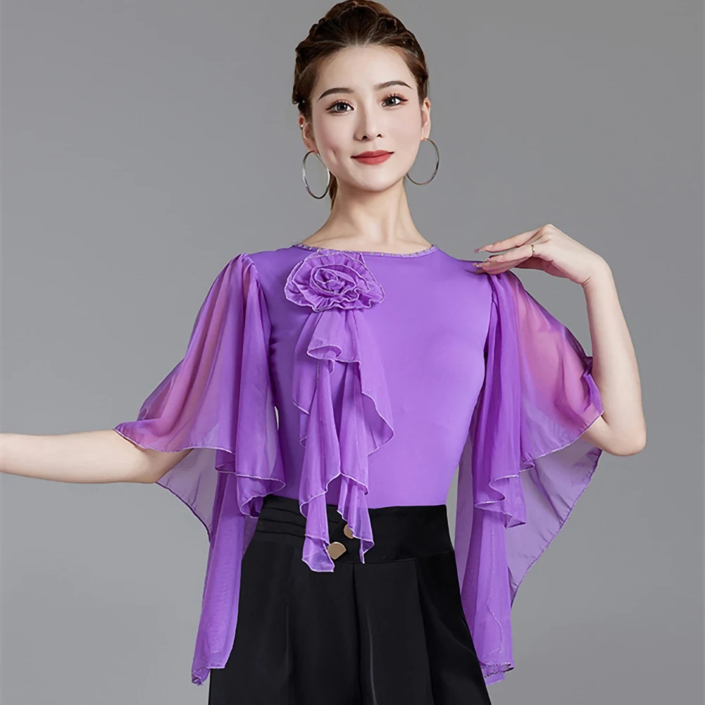 Tanzoberteil, Bankettsaal, lila, rot, T-Shirt, Pfauenblau, Rundhalsausschnitt, mittlere Ärmel, springender neuer Overall mit Lotusblatt-Ärmeln