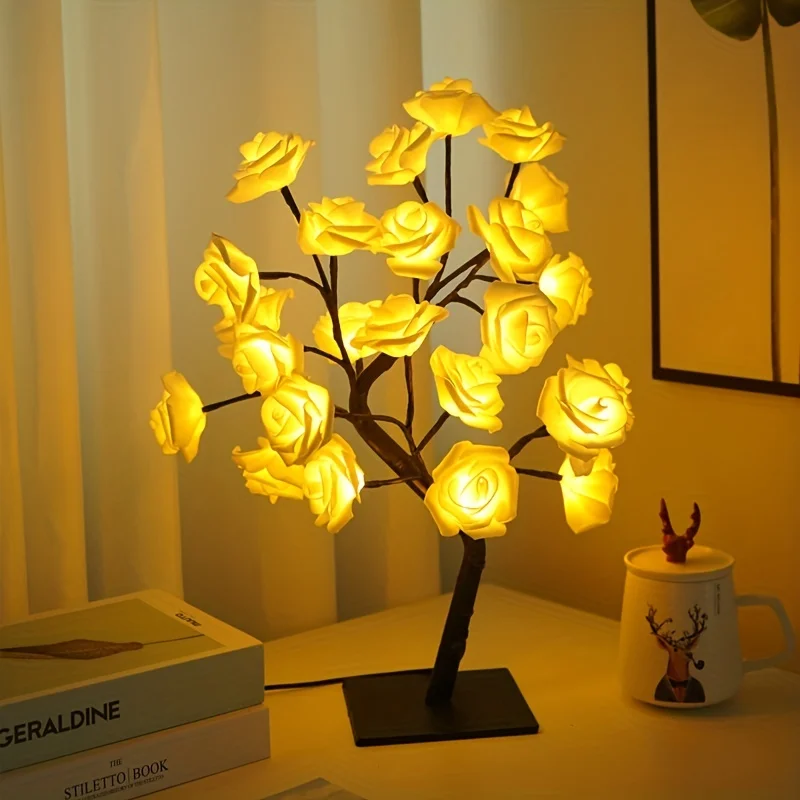 Enchanting Rose Tree USB Lamp - Adjustable LED Night Light w/ Detachable Base & Warm White Glow for Home/Office Decor