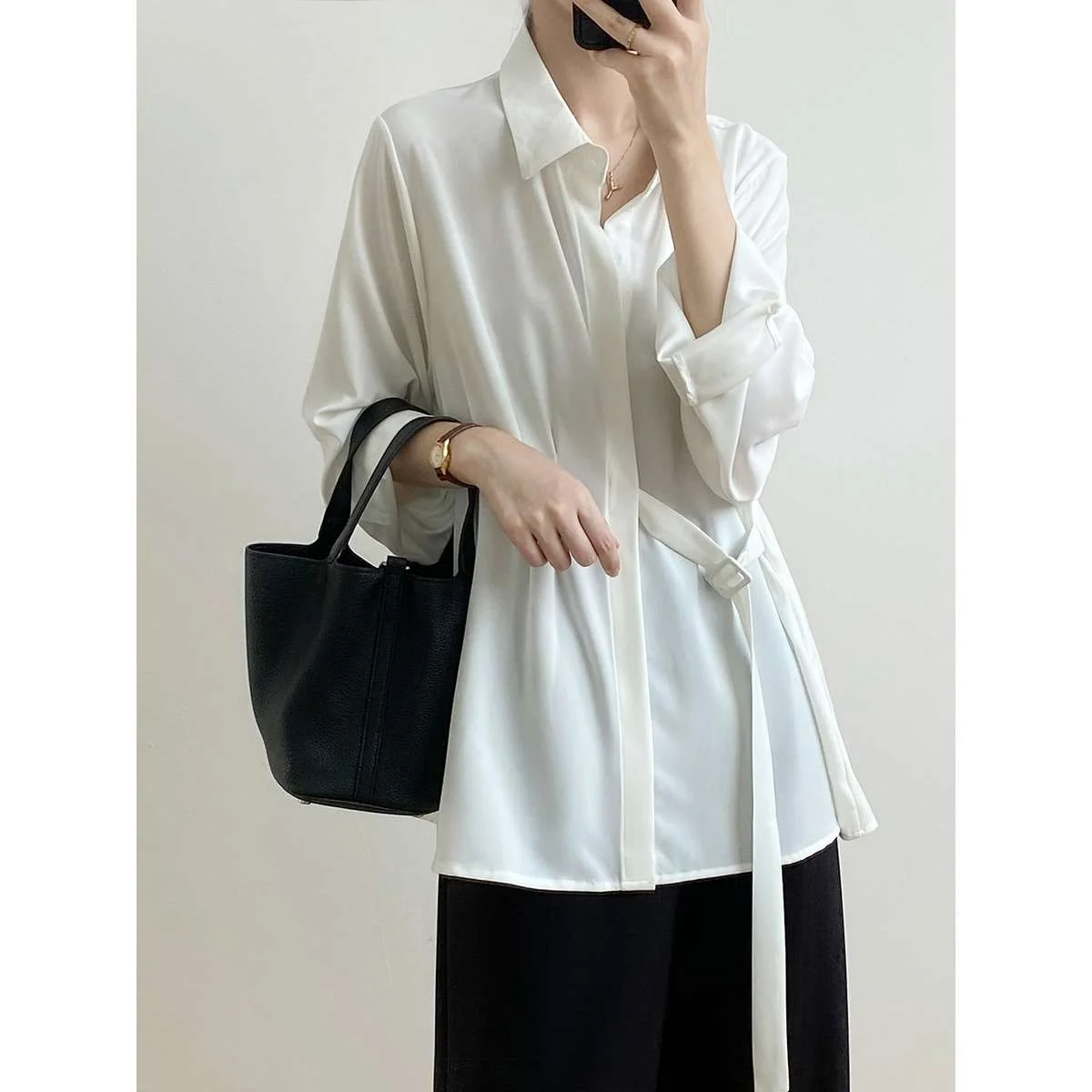 

Double Autumn Design Longsved irt Women's Spring Loose Regular Sve Flip Collar Polyester Fiber 00% Midi Length