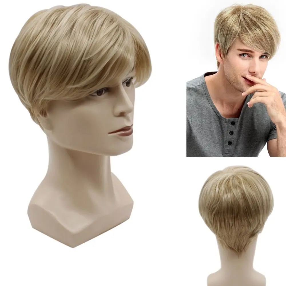 Men\'s Wigs Short Gold Hair Fashion Short Mens Blonde Wig Straight Synthetic Wig Men Cosplay Wig