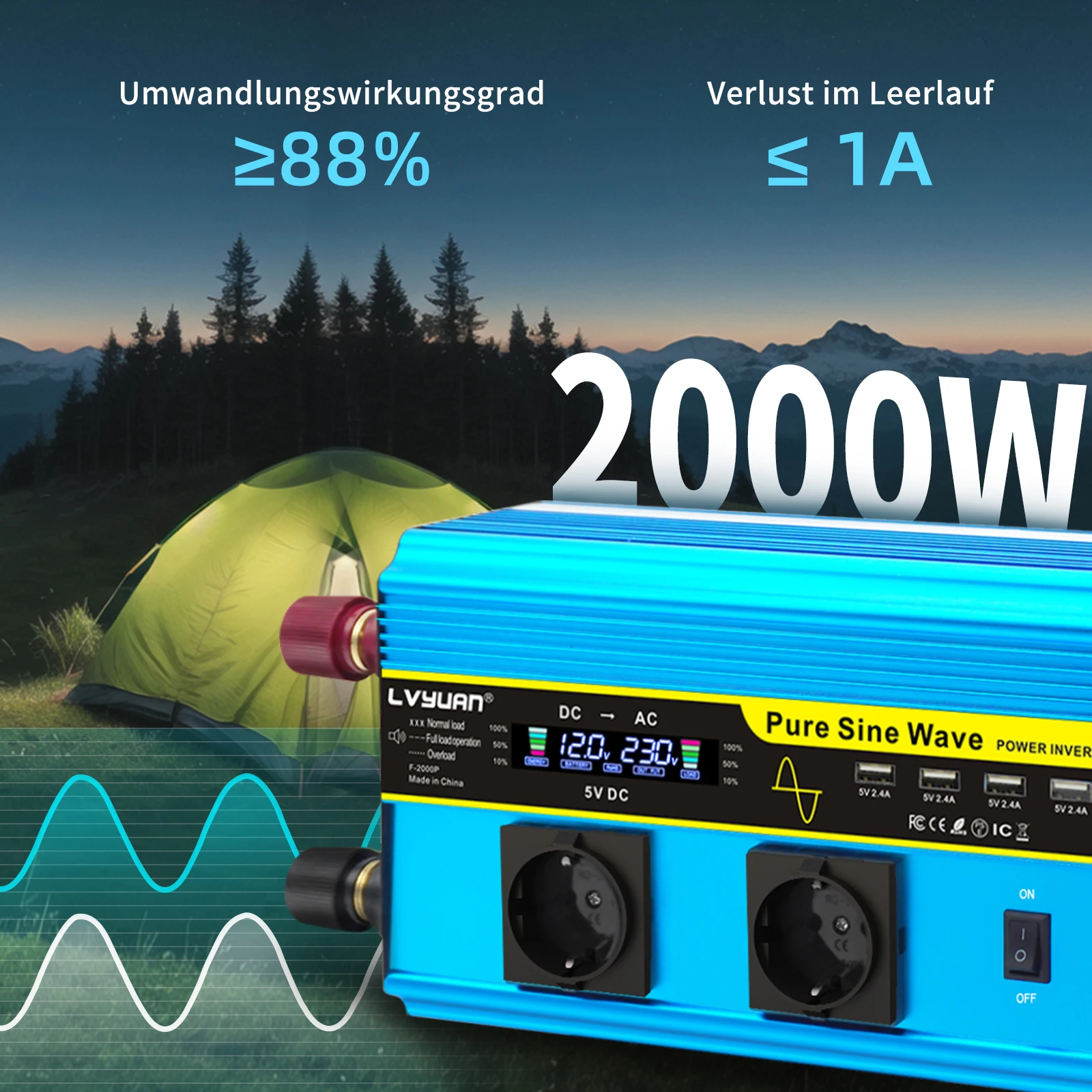 Imagem -04 - Inversor do Sistema de Energia Solar de Onda Senoidal Pura Conversor Caravana Soquete Padrão da ue dc 12v 24v -ac 220v 230v 5000w 8000w