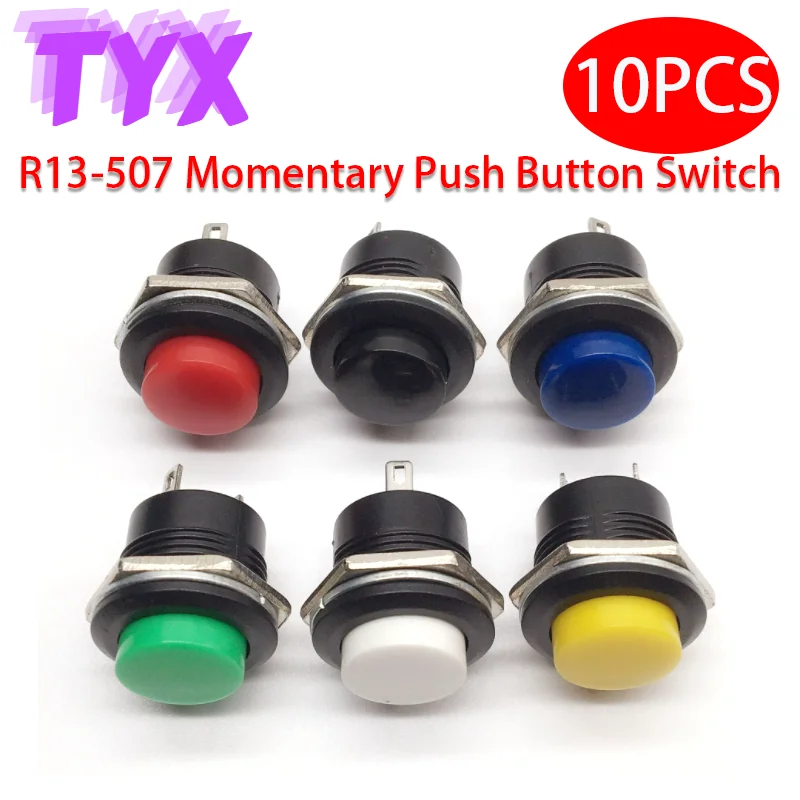 

10PCS 16mm Momentary Button Switches 6A/125VAC 3A/250VAC Round Button Jog Switch R13-507 Black Red Green White Blue Yellow