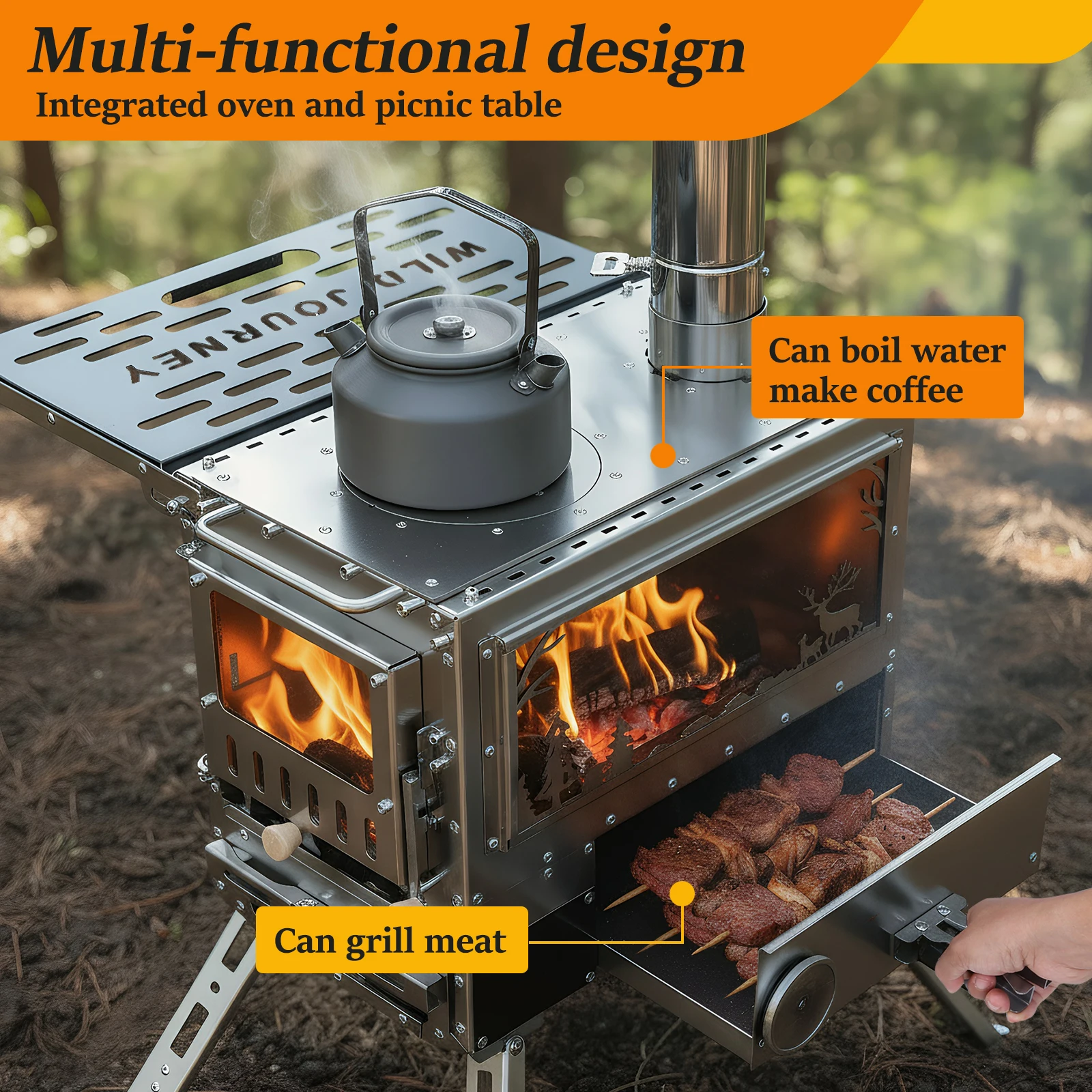

Camping Stove with Oven & Camping Table with Chimney Pipe Wood Burning Tent Stove Stainless Steel for Heating Cooking Hunting