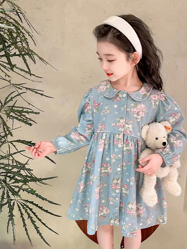 

Новое весеннее платье для девочек: комфортное, с цветочным принтом, воротником-куклой, в корейском стиле, с морской тематикой, длинными рукавами, в стиле принцессы.