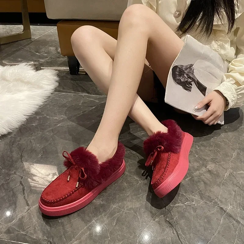 Winter Women\'s Cotton Flat Shoes Moccasins Femme Warm Plush Loafers Comfy Fur Flats Woman Large Size 35-43 Platform Furry Boots