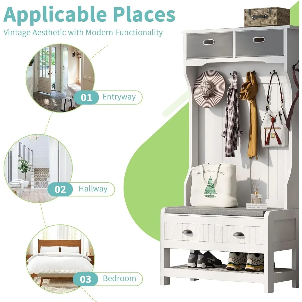 شجرة Merax الخشبية مع مقعد تخزين الأحذية للمدخل، رف معطف 4 في 1 مع 6 خطافات، خزائن وأرفف للمدخل، هال #5