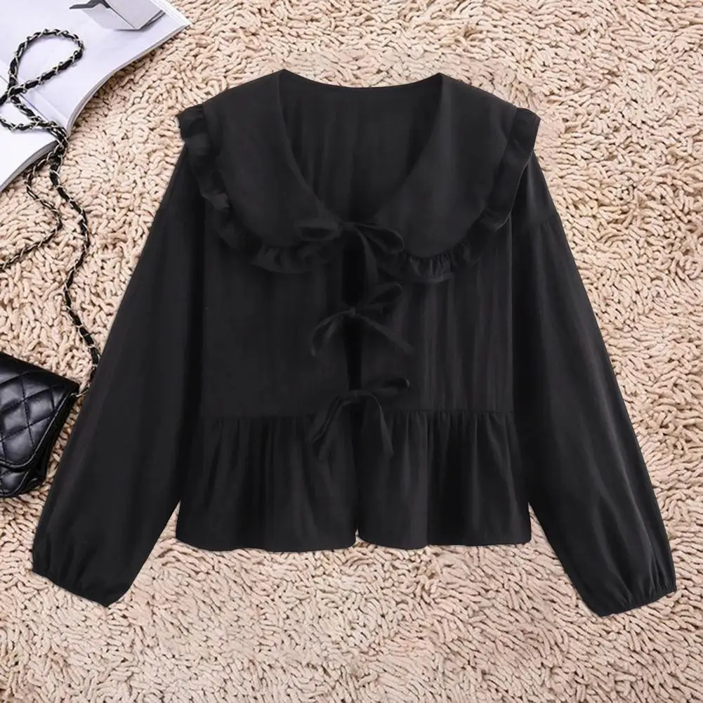 

Women Shirt Doll Collar Puff Long Sleeve Lace-up Shirt Tops Solid Color Ruffle Hem Loose Fit Shirt Streetwear