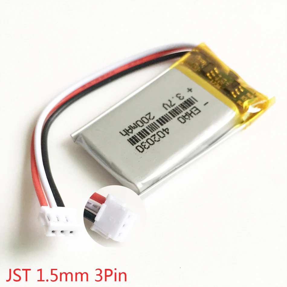 Akumulator polimerowy 3.7V 200mAh Lipo z wtyczką JST 1.5mm 3pin do MP3 GPS słuchawki Bluetooth Smart Watch 402030