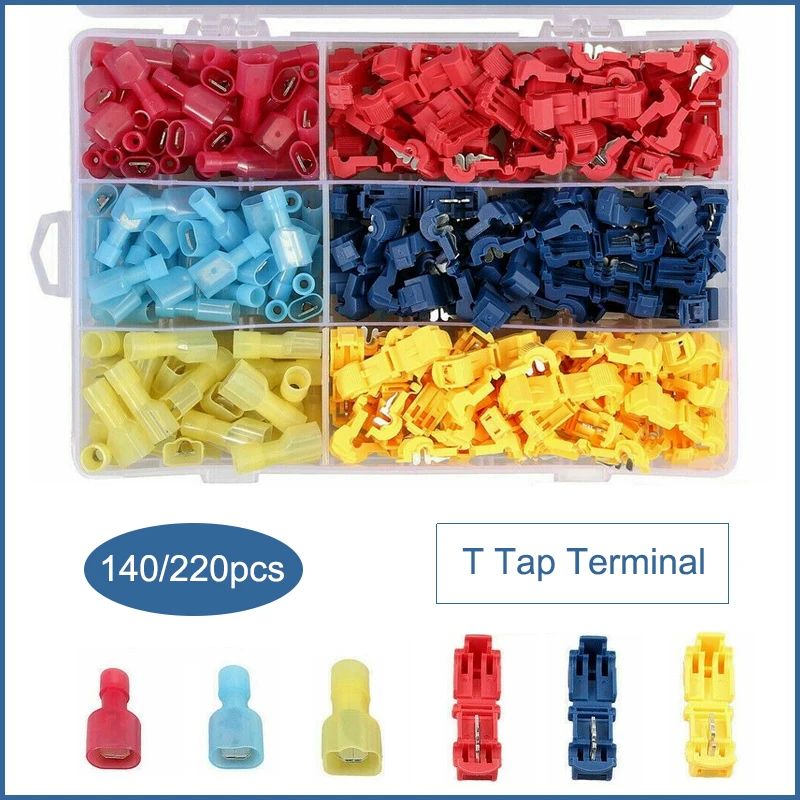 

140/220PCS T Tap Wire Connectors Self-Stripping Quick Splice Electric Wire Terminals Insulated Male Quick Disconnect Terminals