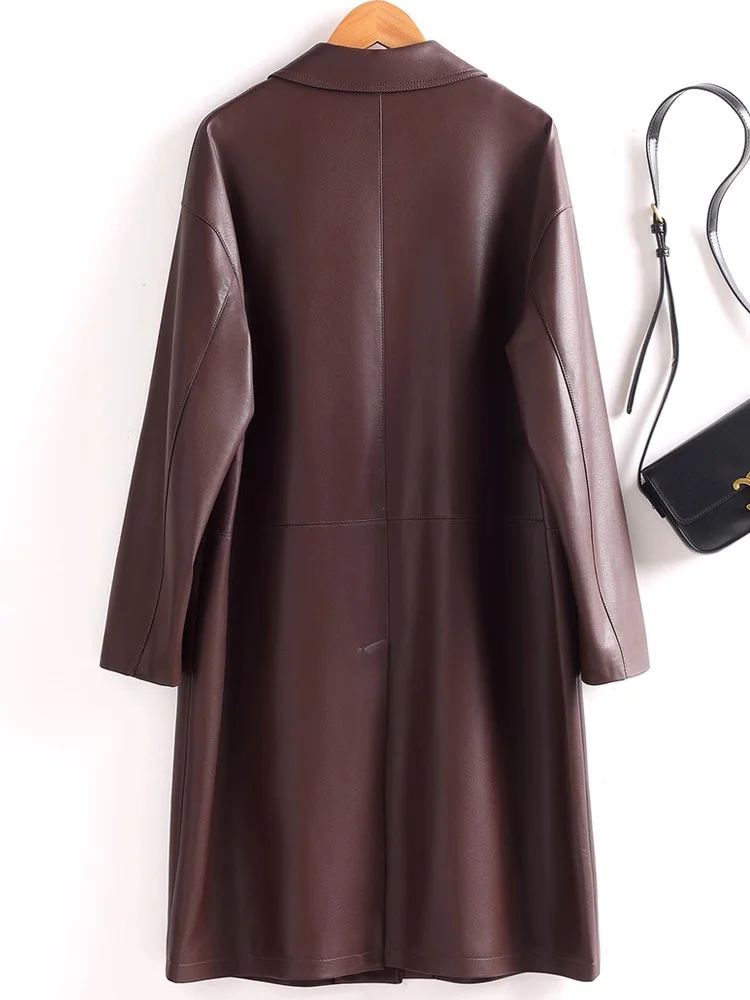 Nouveau Femmes Refente de cuir Manteau Printemps Automne Mode Col rabattu Taille ample Trench en Refente de cuir décontracté Simplicité Manteau long pour femme