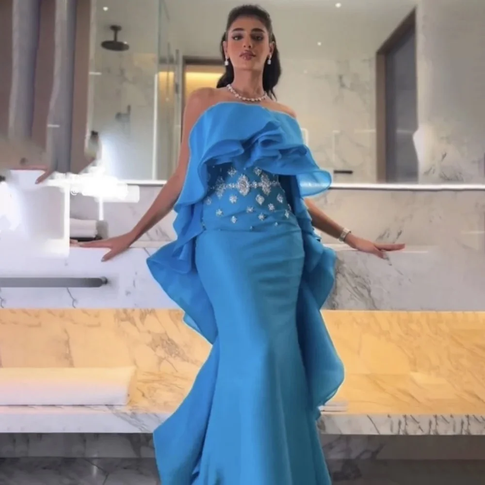 

Customized Exquisite Sleeveless Ruched Evening Dress Sexy Ruffles Prom Dress Elegant Mermaid Boat Neck Party Gown فساتين سه