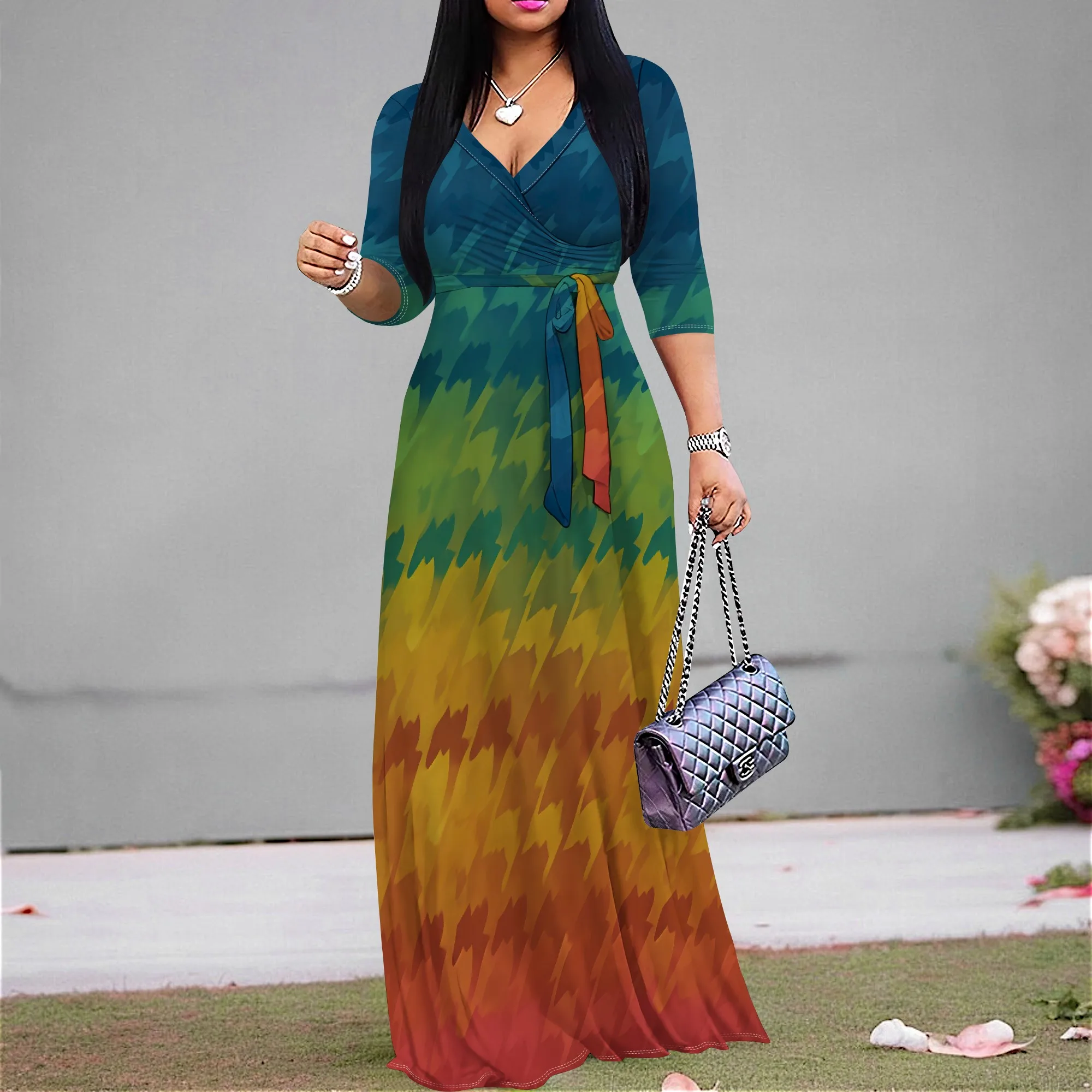 

Women's Ombre Print Maxi Dress V-Neck Casual Wrap Summer Sundress XS-3XL