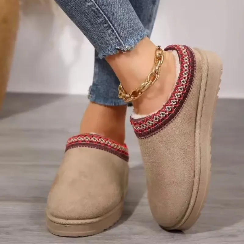 شتاء 2024 جديد كشمير دافئ نعل سميك بدون كعب مغطى نصف ممسحة كشمير دافئ بوتاس موخير بوتينز دي موجر