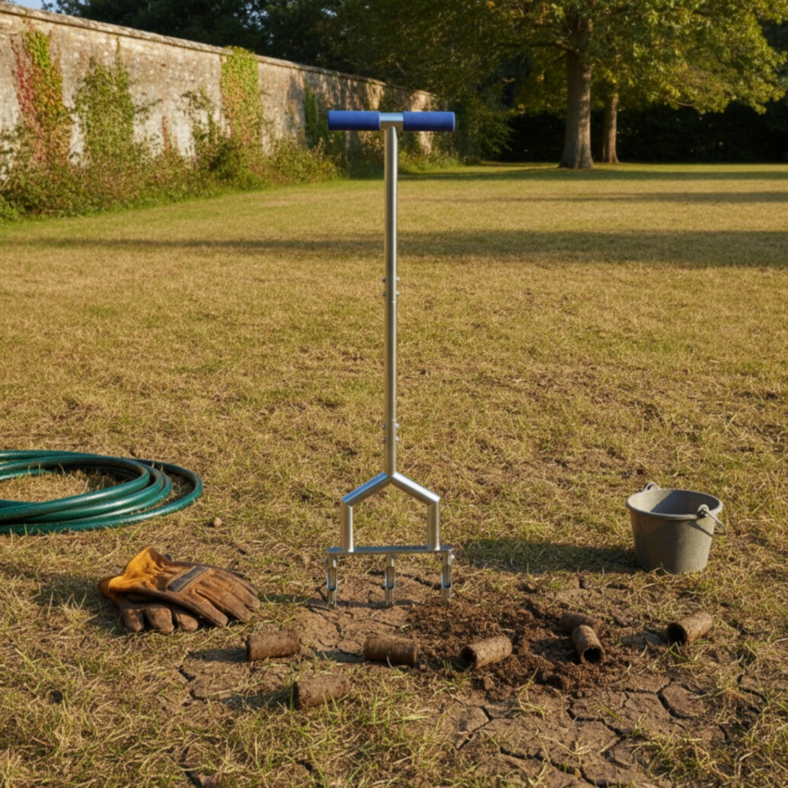 Aerator with 3 Hollow Tines Compacted Soil Manual Lawn Aerator Long-Lasting Non-Slip for Homeowners, Garden Maintenance