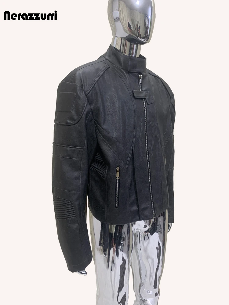 Nerazzurri Autumn Cool Handsome Short Distressed Black Pu Leather Racer Jacket Men Luxury Designer American Vintage Clothes 2024