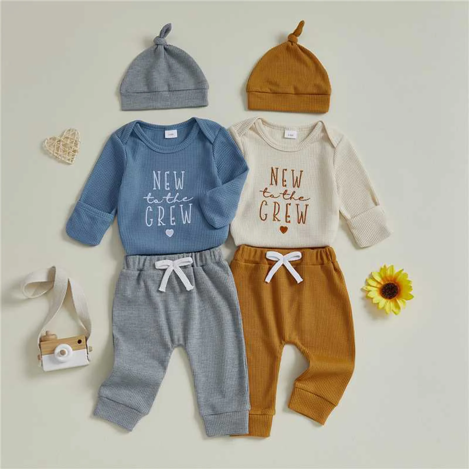 

Baby Knit Set Comfortable Breathable Letter Embroidery Long Sleeve Top and Pants with Hat Waffle Three Piece Sets ropa de bebé