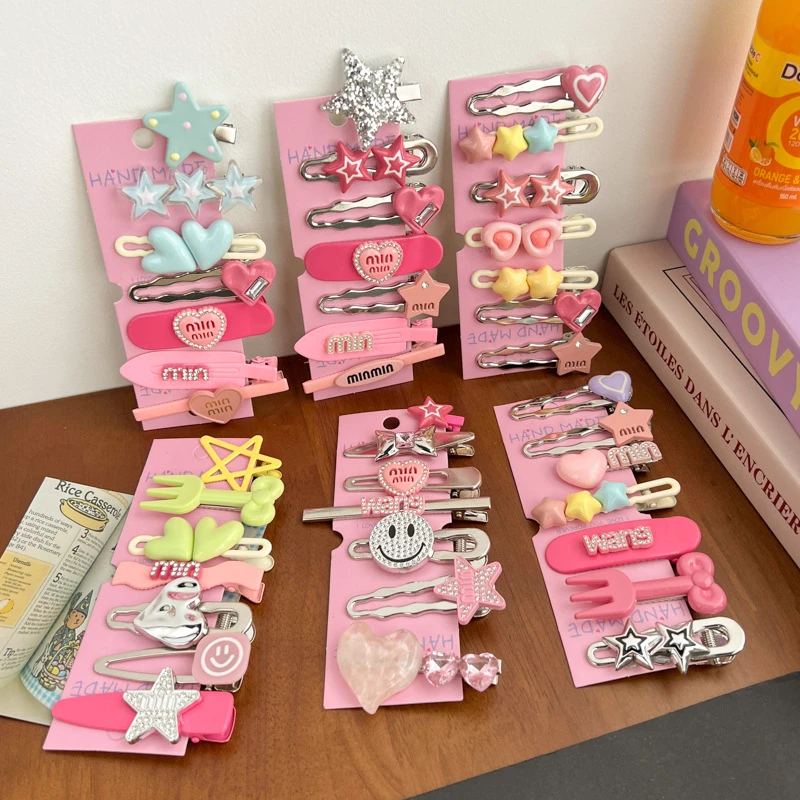 여성을위한 7 개/대 금속 스타 헤어 클립 하트 라인 석 머리 핀 패션 귀여운 소녀 사이드 클립