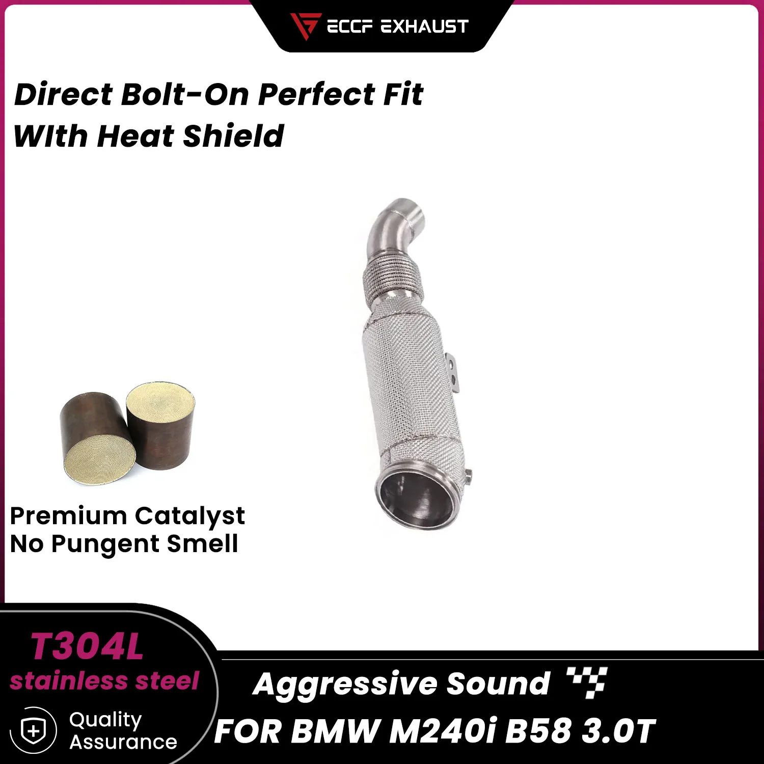 

Sporty Downpipe With Heat Shield For BMW M240i B58 3.0T Aggressive Exhaust Sound High Flow Performance Upgrade