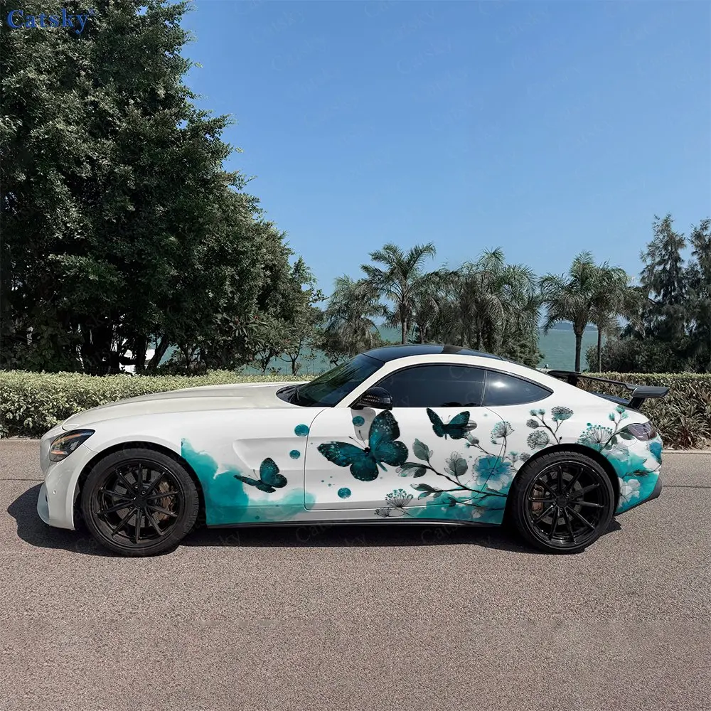 2pcs Ink Butterflies Falling Blossom Car Side Wrap, Self-Adhesive PVC Waterproof & Scratch-Resistant Sticker, Car Accessory Gift