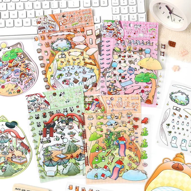 

4 стиля, 3 листа/пакет, ПЭТ, 3D стерео наклейка сцены, клей для творчества, сделай сам, наклейки для ручного счета, этикетки для украшения дневника, альбома, наклейка