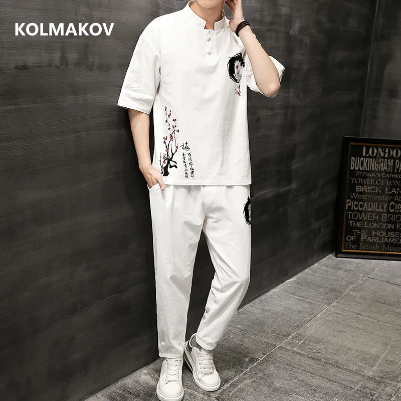 (Shirt + trousers)2023 summer Chinese Style embroidery men shirt Cotton and linen shirts men\'s casual elastic waist shirts men