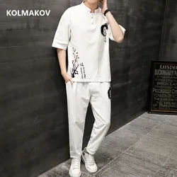 (Shirt + trousers)2023 summer Chinese Style embroidery men shirt Cotton and linen shirts men's casual elastic waist shirts men