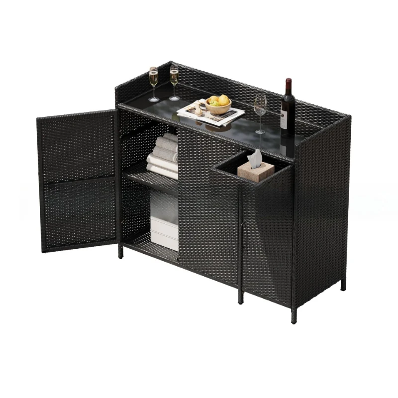 Dining table cabinet with three doors, black two-layer storage cabinet, living room storage cabinet with door removable