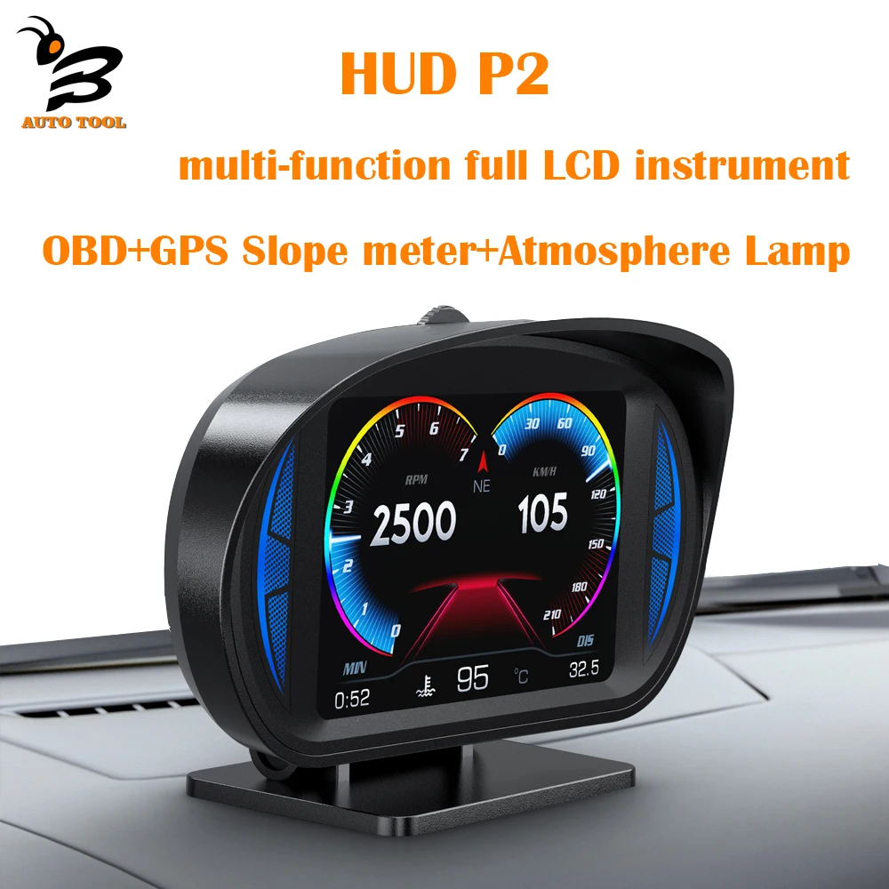 

HUD P2 Car Head Up Display OBD2 GPS Speedometer Overspeed Alarm Dual System Slope Tilt Meter Security Alarm Turbo Brake Test