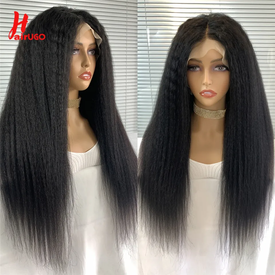 HairUGo 13*1 T Part Kinky Straight Human Hair Wigs Kinky Straight Lace Front Wigs 13x4 Lace Front Wigs For Women 250% Density image 4