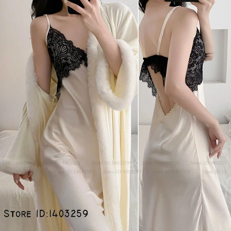 

Island Velvet Long Robe Nightgown Set Women Chemise Sleepwear Sexy Lace Rayon Nightdress Lingerie Elegant Homewear Loungewear