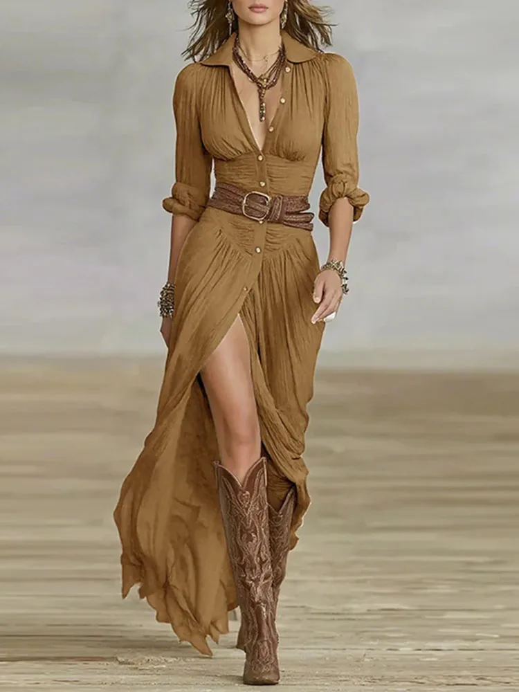 Vrouw Jurken 2023 Nieuwe Franse Retro V-hals Gordel Slanke Geplooide Lange Jurk Herfst Single Breasted Lange Mouw Split Bohemian Jurk - afbeelding 2