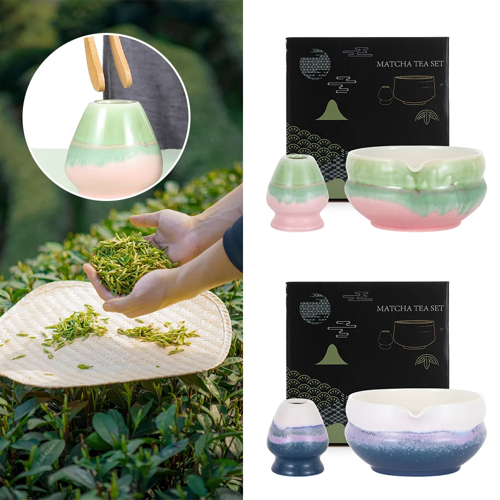 وعاء ماتشا سيراميك جديد مع صب صنبور متعدد الألوان مجموعة صنع ماتشا قابلة لإعادة الاستخدام حامل خفق ماتشا لمحبي الشاي