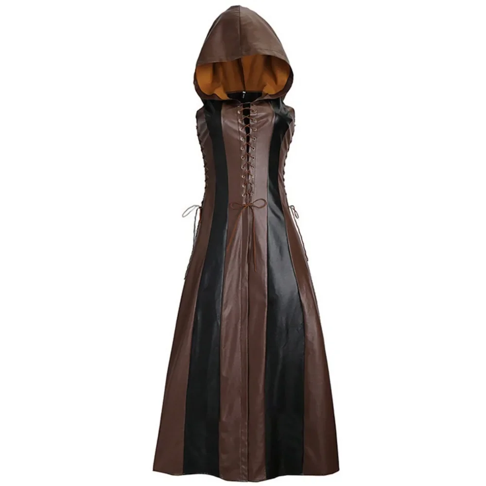 

Medieval Women Cosplay Costume Renaissance Vintage Sleeveless Lace Up Hooded Dress Female Role Play Dress Halloween Party