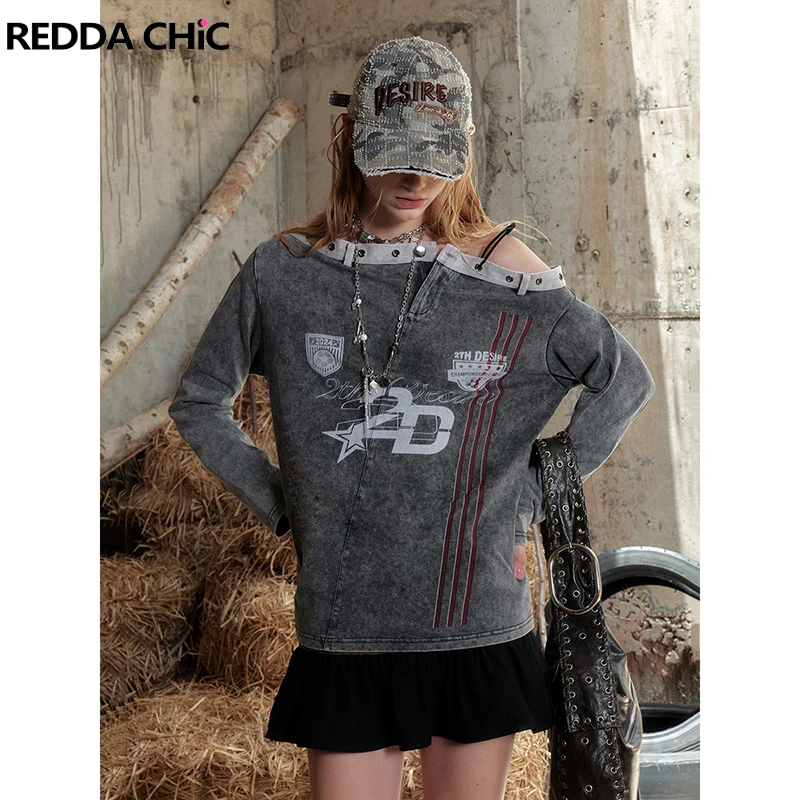 ReddaChic Retro Patchwork Graphic Jersey Top Women Eyelets Off Shoulder T-shirt Overdye Loose Sweatshirt Sport Grunge Clothes