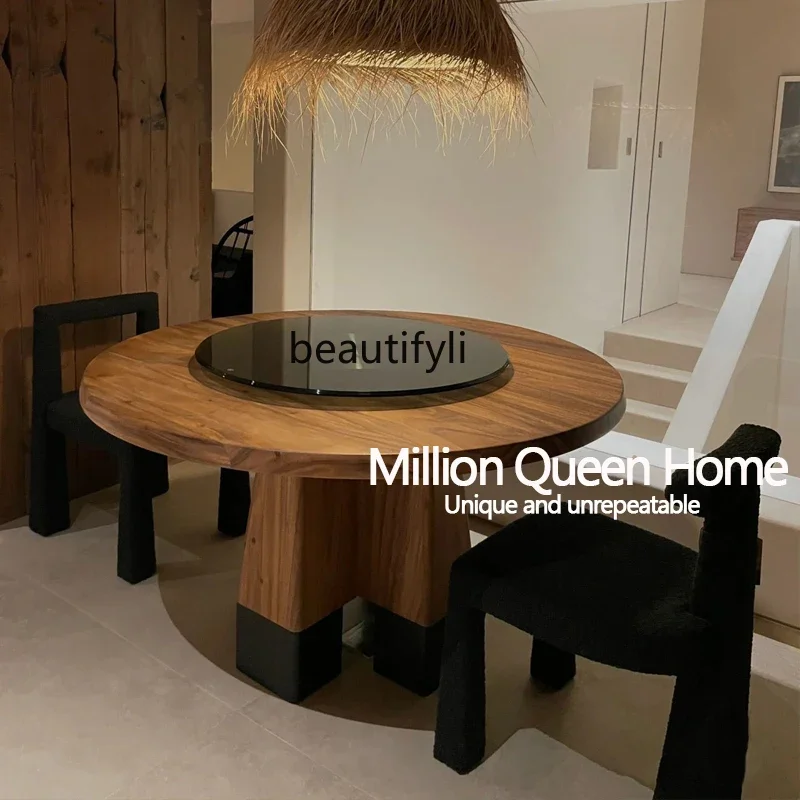 

Medieval Wabi Sabi Round Dining Table Nordic Solid Wood Turntable Table, Household Small Apartment Light Luxury