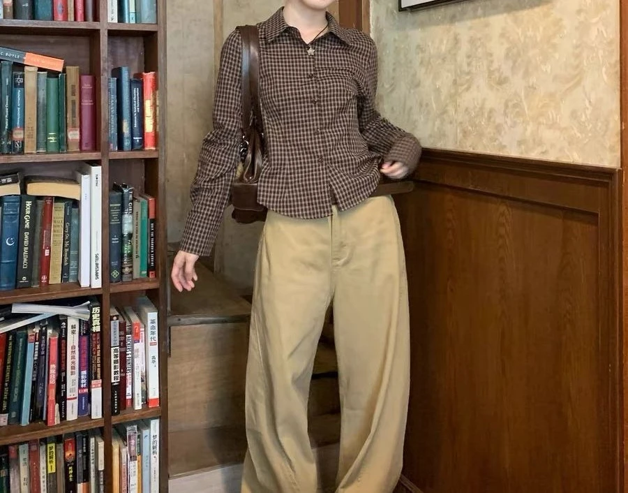 Chemise cintrée à la taille à carreaux, haut à manches longues, Design court, Slim Fit, nouvelle collection automne