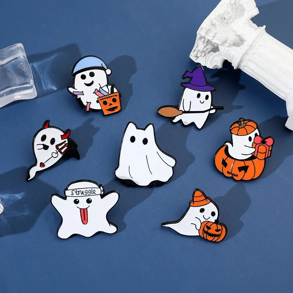 Cute Cartoon Halloween Little Ghost Brooch Creative and Quirky Personality Halloween Pumpkin Metal Badge Alloy Accessory Gifts