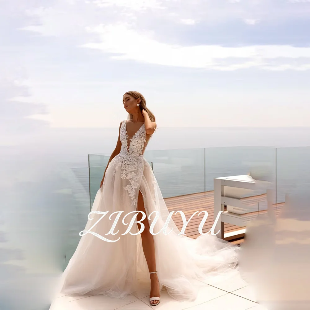 

ZIBUYU Customized Boho Lace Wedding Dress 2026 V Neck Floral Lace Appliques High Side Slit Low Back A-Line Tulle Bridal Gowns