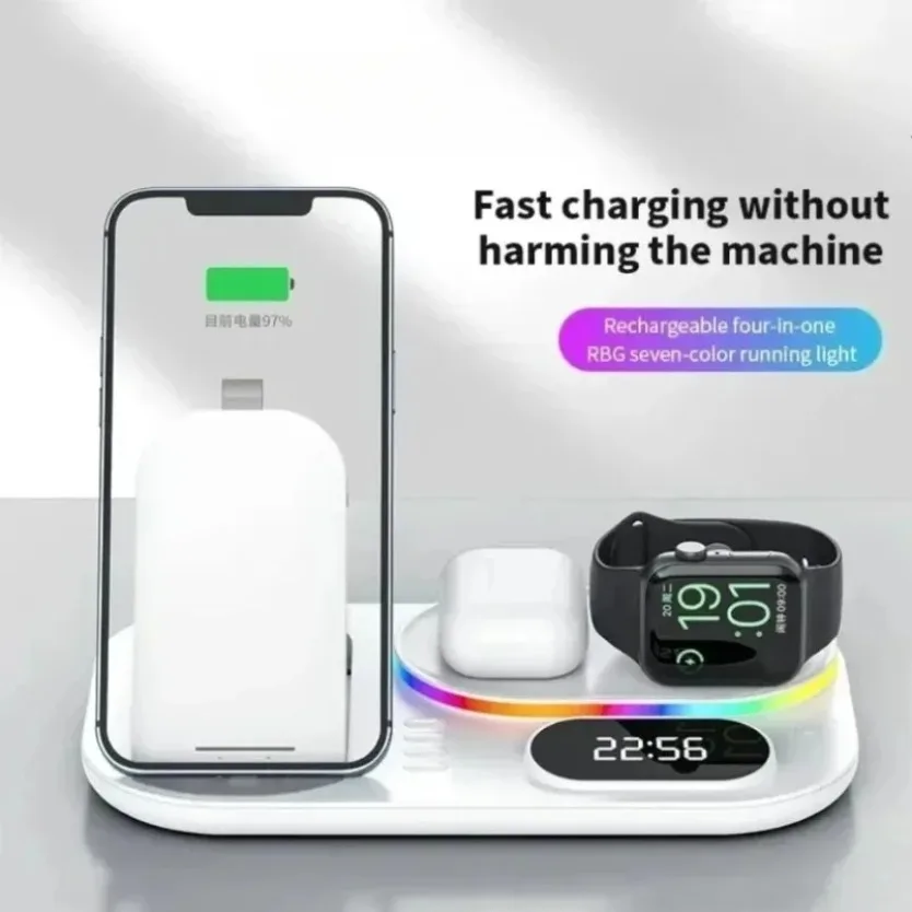 15W Fast Wireless Charging Stand 4‑in‑1 Dual Coil Wireless Charger With RGB Night Lamp Alarm Clock for iPhone Samsung Devices