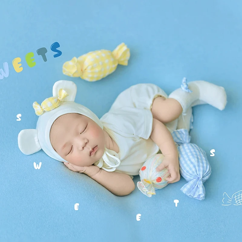 

Sweet Candy Theme Newborn Photography Props Set Baby Jumpsuit Hat+Socks Knitted Candy Decoration Accessories Studio Photo Props