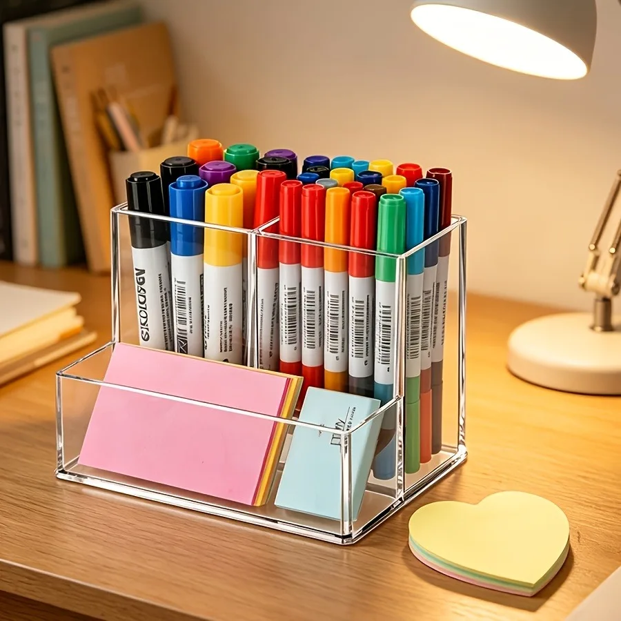 Transparent three-grid stationery storage box,cosmetics storage, school,office home scene use,back to school season,Christmas