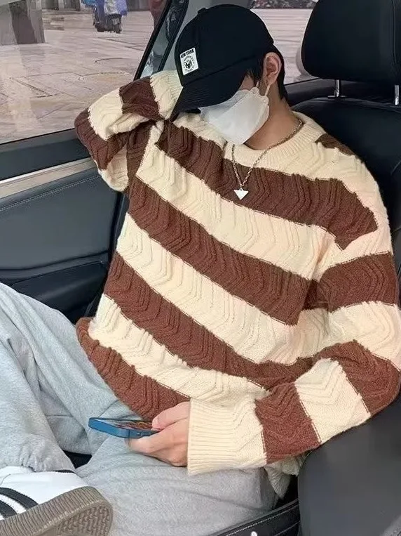 

Мужской свободный полосатый трикотаж Thiened, осень-зима, новый свитер Lazy Faion, элитный брендовый повседневный длинный светящийся круглый свитер Ne