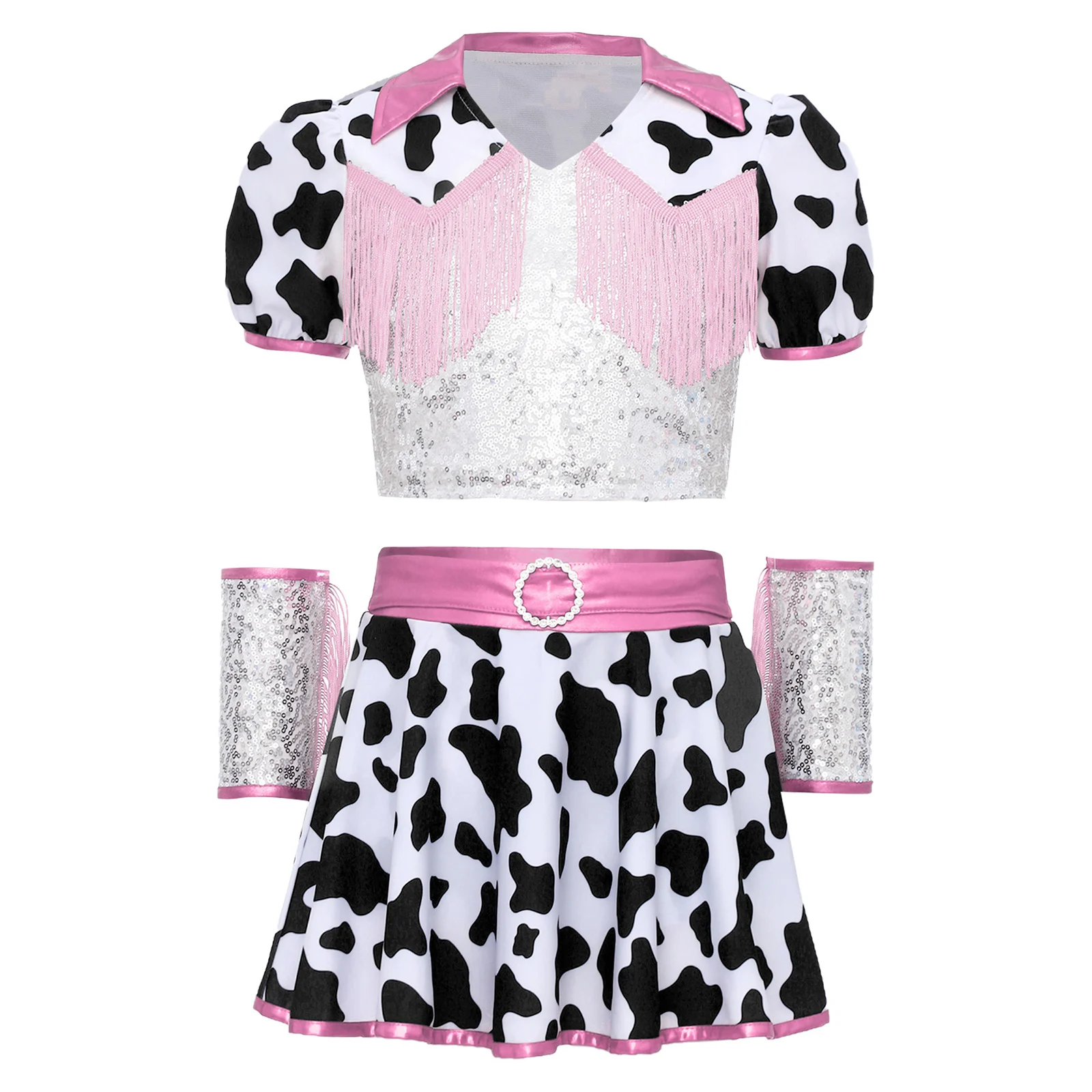 Children Western Cowgirl Hippie Costume Outfits for Girls Rodeo Sequins Cow Printed Fringed Party Performance Cowboy Costume