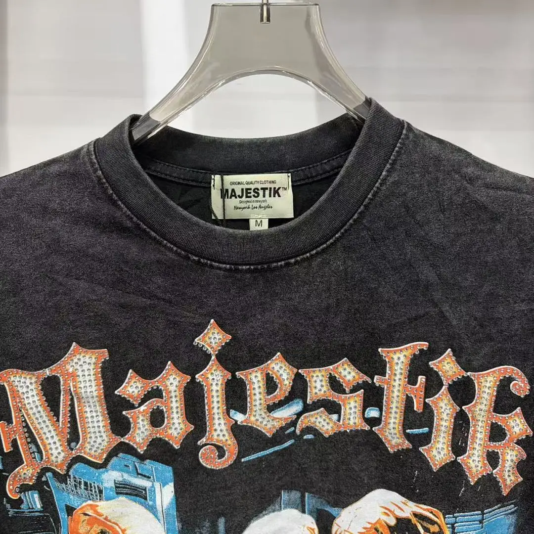 MAJESTIK Gothic Letter Rhinestone Print T-shirt Men Garment Dyed Graphic Vintage Oversized Streetwear Short Sleeve Cotton Tee