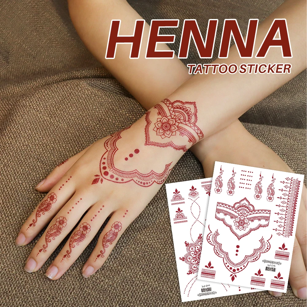 Red Henna Sexy Tattoo Sticker for Hand Brown Maroon for Women Waterproof Temporary Mehndi Fake Tattoo For Lady Girl Vintage