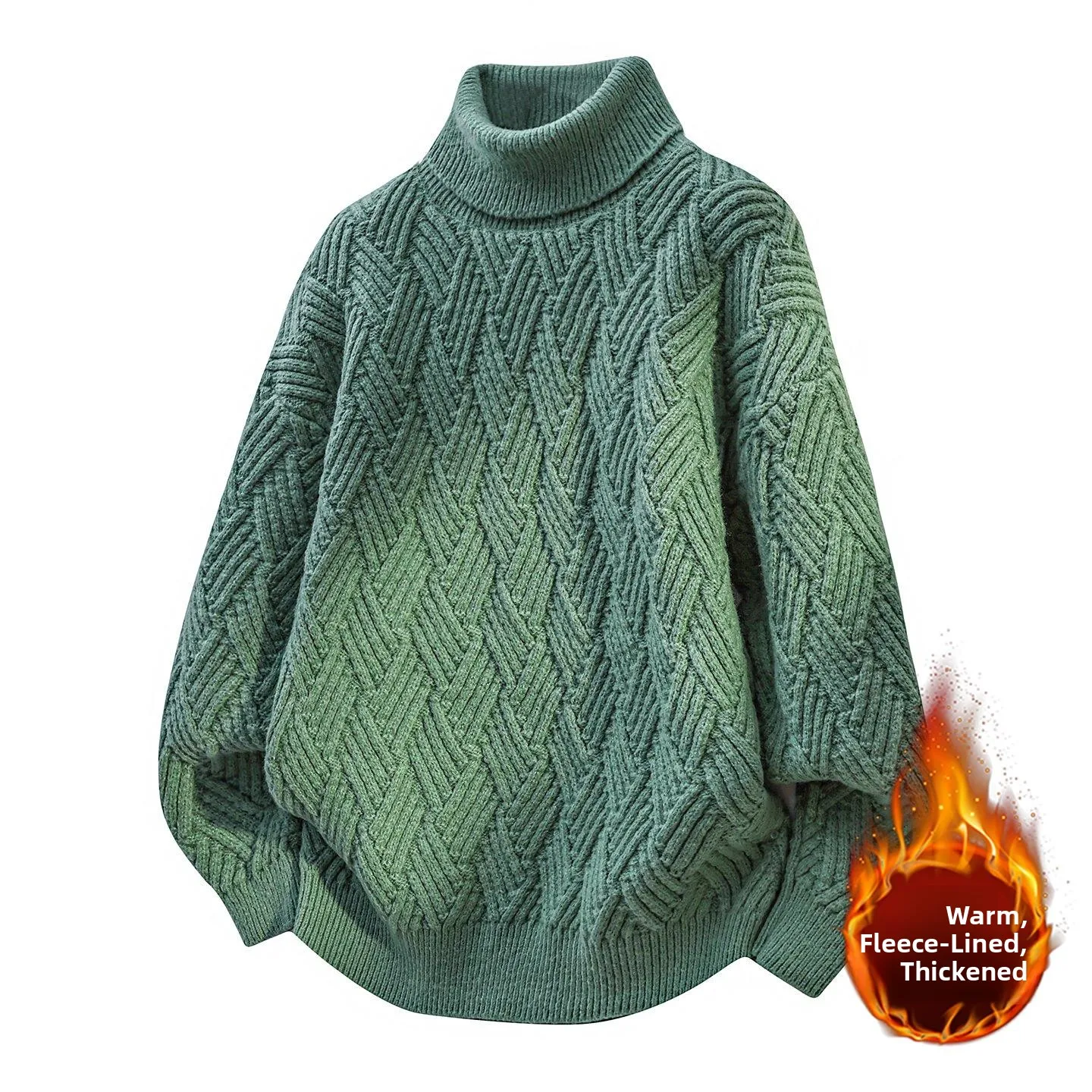 

Мужской зимний утепленный свитер с высоким воротником, свободный крой, удобный, вязаный, шерстяной, зеленый пуловер, повседневный стиль, полиэстер