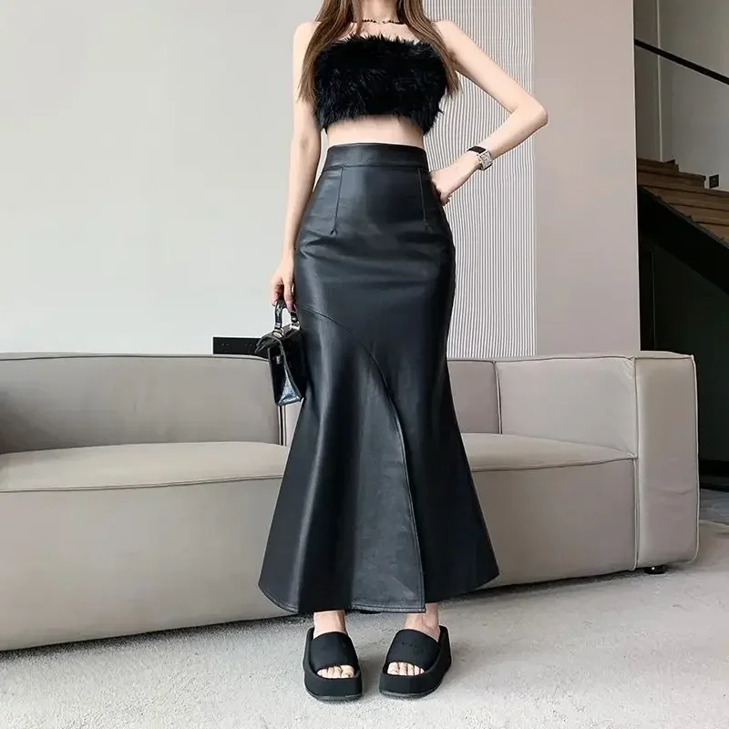 Women Sexy Matte Leather Stretch Fishtail Skirt Hem Split Ladies Vintage Hobble Skirt Party High Waist PU Midi Skirt Custom New