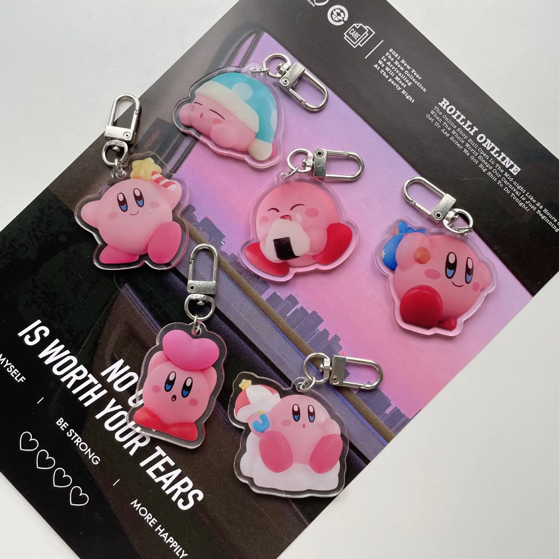 Kawaii Kirby Anime Cartoon Acrylic Keychain Keyring Cute Backpack Pendant Couple Accessories Doll Toys Kids Girls Boys Gift